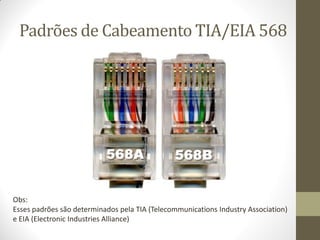 Padrões de Cabeamento TIA/EIA 568
Obs:
Esses padrões são determinados pela TIA (Telecommunications Industry Association)
e EIA (Electronic Industries Alliance)
 