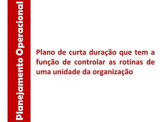 Plano de curta duração que tem a
função de controlar as rotinas de
uma unidade da organização
 