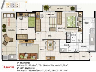 3 quartos
1º pavimento:
Colunas: 01 - 79,85 m² / 02 - 79,66 m² / 04 e 05 - 79,52 m²
2º ao 5º pavimento:
Colunas: 01 - 78,09 m² / 02 - 77,90 m² / 04 e 05 - 77,75 m²
 