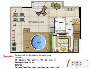 3 quartos
Áreas privativas dos pavimentos superiores
Colunas:
01 – 65,81 m² / 02 - 65,59 m² / 04 e 05 - 65,31 m²
Áreas privativas totais:
Colunas:
01 – 140,14 m² / 02 - 139,70 m² / 04 e 05 - 139,27 m²
 