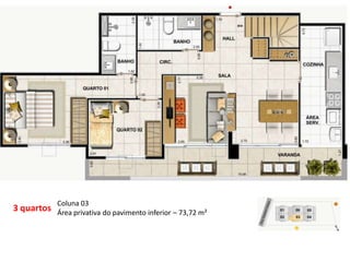 3 quartos
Coluna 03
Área privativa do pavimento inferior – 73,72 m²
 