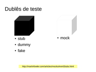 Dublês de teste
● stub
● dummy
● fake
http://martinfowler.com/articles/mocksArentStubs.html
● mock
 