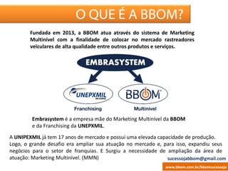 ESCRITÓRIO VIRTUALO QUE É A BBOM?
www.bbom.com.br/bbomsucessoja
A UNIPEXMIL já tem 17 anos de mercado e possui uma elevada capacidade de produção.
Logo, o grande desafio era ampliar sua atuação no mercado e, para isso, expandiu seus
negócios para o setor de franquias. E Surgiu a necessidade de ampliação da área de
atuação: Marketing Multinível. (MMN)
Fundada em 2013, a BBOM atua através do sistema de Marketing
Multinível com a finalidade de colocar no mercado rastreadores
veiculares de alta qualidade entre outros produtos e serviços.
Embrasystem é a empresa mãe do Marketing Multinível da BBOM
e da Franchising da UNEPXMIL.
sucessojabbom@gmail.com
 