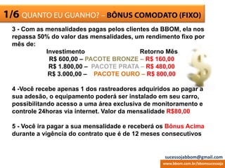 ESCRITÓRIO VIRTUAL1/6 QUANTO EU GUANHO? – BÔNUS COMODATO (FIXO)
3 - Com as mensalidades pagas pelos clientes da BBOM, ela nos
repassa 50% do valor das mensalidades, um rendimento fixo por
mês de:
Investimento Retorno Mês
R$ 600,00 – PACOTE BRONZE – R$ 160,00
R$ 1.800,00 – PACOTE PRATA – R$ 480,00
R$ 3.000,00 – PACOTE OURO – R$ 800,00
4 -Você recebe apenas 1 dos rastreadores adquiridos ao pagar a
sua adesão, o equipamento poderá ser instalado em seu carro,
possibilitando acesso a uma área exclusiva de monitoramento e
controle 24horas via internet. Valor da mensalidade R$80,00
5 - Você ira pagar a sua mensalidade e receberá os Bônus Acima
durante a vigência do contrato que é de 12 meses consecutivos
www.bbom.com.br/bbomsucessoja
sucessojabbom@gmail.com
 