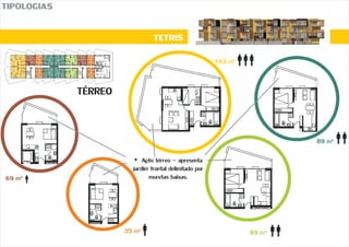 89 m²
89 m²35 m²
69 m²
103 m²
TÉRREO
TIPOLOGIAS
TETRIS
?Apto térreo - apresenta
jardim frontal delimitado por
muretas baixas.
 