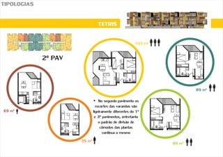 2º PAV
TIPOLOGIAS
TETRIS
89 m²
89 m²35 m²
69 m²
103 m²
?No segundo pavimento os
recortes das varandas são
ligeiramente diferentes do 1º
e 3º pavimentos, entretanto
o padrão de divisão de
cômodos das plantas
continua o mesmo
 