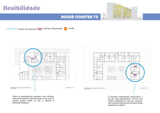 flexibilidade
ROLLER COASTER 72
Banheiro SegmentadoParede não-estrutural Shafts
Todos os apartamentos possuem suas divisões
internas de paredes não-estruturais, e por isso os
quartos podem existir ou não, e adquirir a
dimensão desejada.
O banheiro segmentado potencializa o
uso de cada equipamento, criando uma
melhor qualidade de vida aos usuários.
Isto é possível através dos diversos shafts
existentes no edifício.
 