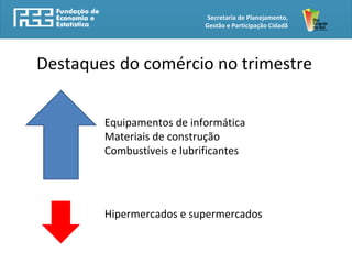 Secretaria de Planejamento,
Gestão e Participação Cidadã
Destaques do comércio no trimestre
Equipamentos de informática
Materiais de construção
Combustíveis e lubrificantes
Hipermercados e supermercados
 