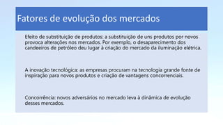 Efeito de substituição de produtos: a substituição de uns produtos por novos
provoca alterações nos mercados. Por exemplo, o desaparecimento dos
candeeiros de petróleo deu lugar à criação do mercado da iluminação elétrica.
A inovação tecnológica: as empresas procuram na tecnologia grande fonte de
inspiração para novos produtos e criação de vantagens concorrenciais.
Concorrência: novos adversários no mercado leva à dinâmica de evolução
desses mercados.
Fatores de evolução dos mercados
 