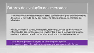 Mercados condicionados: mercados estão condicionados pelo desenvolvimento
de outros. O mercado da TV por cabo, está condicionado pelo mercado das
televisões.
Política, economia, cultura, demografia, tecnologia, social: os mercados são
influenciados por contextos gerais envolventes, o que é fácil verificar quando
analisamos a Bolsa de Valores, sensível a vários acontecimentos externos.
Fatores de evolução dos mercados
Estes fatores podem ser objeto de controlo pelos agentes
econômicos, pois não podemos esquecer que as empresas são forças
ativas e atuantes.
 