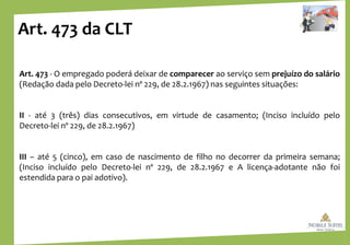 Art. 473 da CLT
Art. 473 - O empregado poderá deixar de comparecer ao serviço sem prejuízo do salário
(Redação dada pelo Decreto-lei nº 229, de 28.2.1967) nas seguintes situações:
II - até 3 (três) dias consecutivos, em virtude de casamento; (Inciso incluído pelo
Decreto-lei nº 229, de 28.2.1967)
III – até 5 (cinco), em caso de nascimento de filho no decorrer da primeira semana;
(Inciso incluído pelo Decreto-lei nº 229, de 28.2.1967 e A licença-adotante não foi
estendida para o pai adotivo).
 