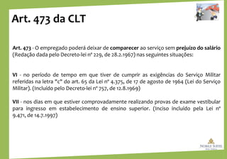 Art. 473 da CLT
Art. 473 - O empregado poderá deixar de comparecer ao serviço sem prejuízo do salário
(Redação dada pelo Decreto-lei nº 229, de 28.2.1967) nas seguintes situações:
VI - no período de tempo em que tiver de cumprir as exigências do Serviço Militar
referidas na letra "c" do art. 65 da Lei nº 4.375, de 17 de agosto de 1964 (Lei do Serviço
Militar). (Incluído pelo Decreto-lei nº 757, de 12.8.1969)
VII - nos dias em que estiver comprovadamente realizando provas de exame vestibular
para ingresso em estabelecimento de ensino superior. (Inciso incluído pela Lei nº
9.471, de 14.7.1997)
 