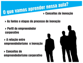 O

a aula?
er ness
nd

os apre
ue vam
q

 Conceitos de inovação

 As fontes e etapas do processo de inovação
 Perﬁl do empreendedor

corporativo
 A relação entre

empreendedorismo e inovação
 Conceitos de

empreendedorismo corporativo

 