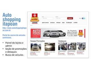 Auto
shopping
itapoan

http://www.autoshoppingitapo
an.com.br
Portal de acervo de veículos
seminovos.

• Painel do lojista e
admin
• Seção de promoções
e detaques
• Busca de veículos

 