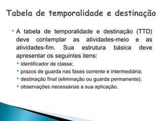 

A tabela de temporalidade e destinação (TTD)
deve contemplar as atividades-meio e as
atividades-fim. Sua estrutura básica deve
apresentar os seguintes itens:





identificador de classe;
prazos de guarda nas fases corrente e intermediária;
destinação final (eliminação ou guarda permanente);
observações necessárias a sua aplicação.

 