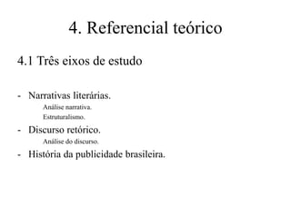 4. Referencial teórico
4.1 Três eixos de estudo
- Narrativas literárias.
Análise narrativa.
Estruturalismo.

- Discurso retórico.
Análise do discurso.

- História da publicidade brasileira.

 