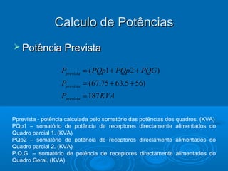 Calculo de Potências
 Potência Prevista
Pprevista = ( PQp1 + PQp 2 + PQG )
Pprevista = (67.75 + 63.5 + 56)
Pprevista = 187 KVA
Pprevista - potência calculada pelo somatório das potências dos quadros. (KVA)
PQp1 – somatório de potência de receptores directamente alimentados do
Quadro parcial 1. (KVA)
PQp2 – somatório de potência de receptores directamente alimentados do
Quadro parcial 2. (KVA)
P.Q.G. – somatório de potência de receptores directamente alimentados do
Quadro Geral. (KVA)

 