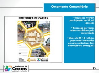 Orçamento Comunitário

•	Reuniões tiveram

participação de 52 mil
pessoas

•	Execução de várias

obras escolhidas pela
comunidade

•	Mais de R$ 15 milhões

para obras elencadas
em anos anteriores (em
execução ou entregues)

33

 