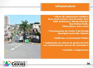 Infraestrutura

•	Obras de Capeamento Asfáltico:

Ruas Jacob Luchesi e Jacó Brunetta, Ruas
Atílio Andreazza e Abramo Randon,
Rua Antônio Broilo,
Fátima Baixo, entre outras

•	Pavimentação do Trecho 2 da Estrada

Municipal Loreto-São Valentin

•	Melhorias na Iluminação Pública
•	Implantação do sistema de gestão da frota
com monitoramento através de rastreadores

•	Combate a alagamentos

36

 