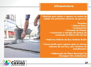 Infraestrutura

•	Mutirão para obras e reparos no centro da

cidade nas primeiras semanas de governo
Piscinões
•	Fátima Baixo
•	Cachoeirinha
•	Visconde de Pelotas
•	Construção e entrega do tanque de
contenção do Bairro Pôr-do-Sol

•	Reforma Galeria da Rua Antônio Broilo
•	Força-tarefa para reparos após as chuvas

intensas de out-nov, com centenas de
atendimentos

•	Elaboração do Plano Municipal de

Drenagem (Em andamento)

37

 