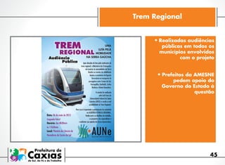 Trem Regional
•	Realizadas audiências

públicas em todos os
municípios envolvidos
com o projeto

•	Prefeitos da AMESNE

pedem apoio do
Governo do Estado à
questão

45

 