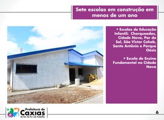 Sete escolas em construção em
menos de um ano
•	Escolas de Educação

Infantil:  Charqueadas,
Cidade Nova, Por do
Sol, São Victor Cohab,
Santo Antônio e Parque
Oásis

•	Escola de Ensino

Fundamental no Cidade
Nova

6

 