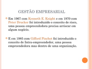 GESTÃO EMPRESARIAL


Em 1967 com Kenneth E. Knight e em 1970 com 
Peter Drucker foi introduzido o conceito de risco,
uma pessoa empreendedora precisa arriscar em
algum negócio.



E em 1985 com Gifford Pinchot foi introduzido o
conceito de Intra-empreendedor, uma pessoa
empreendedora mas dentro de uma organização.

 