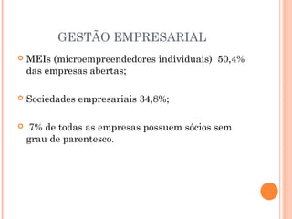 GESTÃO EMPRESARIAL


MEIs (microempreendedores individuais) 50,4%
das empresas abertas;



Sociedades empresariais 34,8%;



7% de todas as empresas possuem sócios sem
grau de parentesco.

 