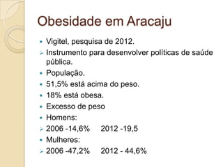 Obesidade em Aracaju
Vigitel, pesquisa de 2012.
 Instrumento para desenvolver políticas de saúde
pública.
 População.
 51,5% está acima do peso.
 18% está obesa.
 Excesso de peso
 Homens:
 2006 -14,6%
2012 -19,5
 Mulheres:
 2006 -47,2%
2012 - 44,6%


 