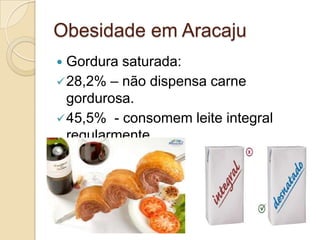 Obesidade em Aracaju
Gordura saturada:
 28,2% – não dispensa carne
gordurosa.
 45,5% - consomem leite integral
regularmente.


 