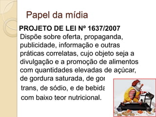 Papel da mídia
PROJETO DE LEI Nº 1637/2007
Dispõe sobre oferta, propaganda,
publicidade, informação e outras
práticas correlatas, cujo objeto seja a
divulgação e a promoção de alimentos
com quantidades elevadas de açúcar,
de gordura saturada, de gordura
trans, de sódio, e de bebidas
com baixo teor nutricional.

 
