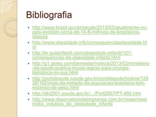 Bibliografia











http://www.brasil.gov.br/saude/2013/03/atualmente-nopais-existem-cerca-de-14-8-milhoes-de-brasileirosobesos
http://www.obesidade.info/consequenciasobesidade.ht
m
http://br.guiainfantil.com/obesidade-infantil/127consequencias-da-obesidade-infantil.html
http://g1.globo.com/bemestar/noticia/2013/03/ministerio
-da-saude-publica-novas-regras-para-cirurgiabariatrica-no-sus.html
http://portalsaude.saude.gov.br/portalsaude/noticia/129
26/162/mais-da-metade-da-populacao-brasileira-temexcesso-de-peso.html
http://dtr2001.saude.gov.br/.../Port2007/PT-492.htm
http://www.observatoriodaimprensa.com.br/news/view/
midia_indutora_da_obesidade_infantil

 