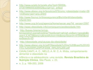 












http://www.scielo.br/scielo.php?pid=S000427301999000300002&script=sci_arttext
http://www.abeso.org.br/lenoticia/876/oms:+obesidade+mata+28
+milhoes+por+ano.shtml
http://www.fiocruz.br/biosseguranca/Bis/infantil/obesidadeinfantil.htm
http://www.ucg.br/ucg/agencia/home/secao.asp?id_secao=2597
http://www.obesidade.info/consequenciasobesidade.htm
http://bases.bireme.br/cgibin/wxislind.exe/iah/online/?IsisScript=iah/iah.xis&src=google&b
ase=LILACS&lang=p&nextAction=lnk&exprSearch=470065&ind
exSearch=ID
http://obesidade.org/causas-da-obesidade/
http://www.abeso.org.br/pdf/Obesidade%20no%20Brasil%20VIG
ITEL%202009%20POF2008_09%20%20II.pdf
CAVALCANTI, A. C.; MELO, A. M. C. A. Mídia, comportamento
alimentar e obesidade na
infância e na adolescência: uma revisão. Revista Brasileira de
Nutrição Clinica, São Paulo, v. 23,
n. 3, p. 199-203, 2008

 