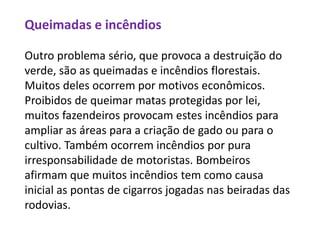 Queimadas e incêndios
Outro problema sério, que provoca a destruição do
verde, são as queimadas e incêndios florestais.
Muitos deles ocorrem por motivos econômicos.
Proibidos de queimar matas protegidas por lei,
muitos fazendeiros provocam estes incêndios para
ampliar as áreas para a criação de gado ou para o
cultivo. Também ocorrem incêndios por pura
irresponsabilidade de motoristas. Bombeiros
afirmam que muitos incêndios tem como causa
inicial as pontas de cigarros jogadas nas beiradas das
rodovias.
 