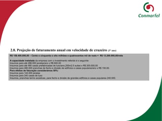 2.8. Projeção de faturamento anual em velocidade de cruzeiro (3° ano)
R$ 158.400.000,00 – Cento e cinquenta e oito milhões e quatrocentos mil de reais = R$ 13.200.000,00/mês
A capacidade instalada da empresa com o investimento referido é o seguinte:
Insumos para até 288.000 janelas/ano x R$ 600,00
Insumos para até 480 casas prefabricadas de luxo/ano,200m2.5 suites x R$ 200.000,00
Insumos para 480.000 pranchas de fecho e divisão de edifícios e casas populares/ano x R$ 100,00.
Para efeitos de faturação considerámos 50%:
Insumos para 144.000 janelas
Insumos para 240 casas de luxo
Insumos, pranchas termo acústicas, para fecho e divisão de grandes edifícios e casas populares 240.000.
 