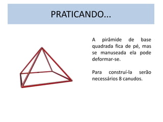 PRATICANDO...
A pirâmide de base
quadrada fica de pé, mas
se manuseada ela pode
deformar-se.
Para construí-la serão
necessários 8 canudos.
 