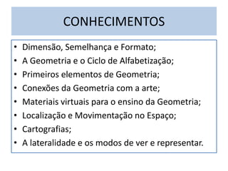 CONHECIMENTOS
• Dimensão, Semelhança e Formato;
• A Geometria e o Ciclo de Alfabetização;
• Primeiros elementos de Geometria;
• Conexões da Geometria com a arte;
• Materiais virtuais para o ensino da Geometria;
• Localização e Movimentação no Espaço;
• Cartografias;
• A lateralidade e os modos de ver e representar.
 