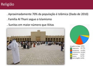 Religião 
. Aproximadamente 70% da população é Islâmica (Dado de 2010) 
. Família Al Thani segue o Islamismo 
. Sunitas em maior número que Xiitas 
 