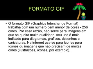 FORMATO GIF 
● O formato GIF (Graphics Interchange Format) 
trabalha com um número bem menor de cores - 256 
cores. Por essa razão, não serve para imagens em 
que se queira muita qualidade, seu uso é mais 
indicado para diagramas, gráficos, desenhos e 
caricaturas. Na internet usa-se para ícones para 
ícones ou imagens que não precisam de muitas 
cores (ilustrações, ícones, por exemplo). 
 