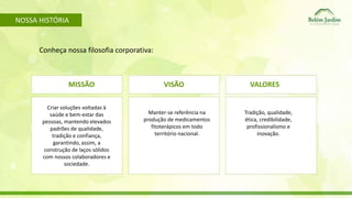 NOSSA HISTÓRIA 
Conheça nossa filosofia corporativa: 
MISSÃO VISÃO VALORES 
Criar soluções voltadas à 
saúde e bem-estar das 
pessoas, mantendo elevados 
padrões de qualidade, 
tradição e confiança, 
garantindo, assim, a 
construção de laços sólidos 
com nossos colaboradores e 
sociedade. 
Manter-se referência na 
produção de medicamentos 
fitoterápicos em todo 
território nacional. 
Tradição, qualidade, 
ética, credibilidade, 
profissionalismo e 
inovação. 
 