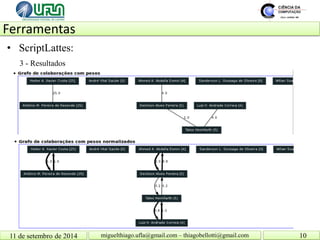 Ferramentas 11 de setembro de 2014 10 
miguelthiago.ufla@gmail.com – thiagobellotti@gmail.com 
• 
ScriptLattes: 
3 - Resultados  