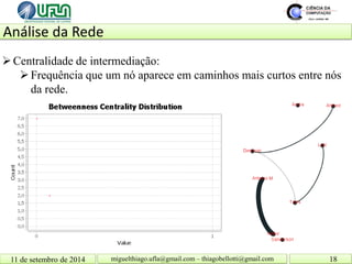 Análise da Rede 11 de setembro de 2014 18 
miguelthiago.ufla@gmail.com – thiagobellotti@gmail.com 
 
Centralidade de intermediação: 
 
Frequência que um nó aparece em caminhos mais curtos entre nós da rede.  