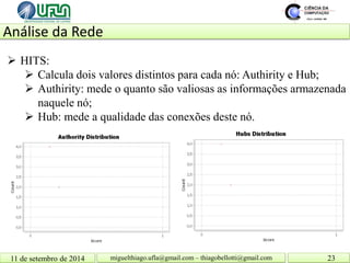 Análise da Rede 11 de setembro de 2014 23 
miguelthiago.ufla@gmail.com – thiagobellotti@gmail.com 
 
HITS: 
 
Calcula dois valores distintos para cada nó: Authirity e Hub; 
 
Authirity: mede o quanto são valiosas as informações armazenada naquele nó; 
 
Hub: mede a qualidade das conexões deste nó.  