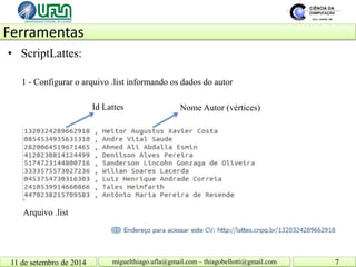 Ferramentas 11 de setembro de 2014 7 
miguelthiago.ufla@gmail.com – thiagobellotti@gmail.com 
• 
ScriptLattes: 
Arquivo .list 
Id Lattes 
Nome Autor (vértices) 
1 - Configurar o arquivo .list informando os dados do autor  
