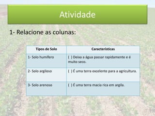 Atividade 
1- Relacione as colunas: 
Tipos de Solo Características 
1- Solo humífero ( ) Deixa a água passar rapidamente e é 
muito seco. 
2- Solo argiloso ( ) É uma terra excelente para a agricultura. 
3- Solo arenoso ( ) É uma terra macia rica em argila. 
