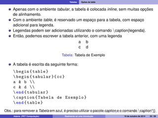 Tabelas Opões da table 
Apenas com o ambiente tabular, a tabela é colocada inline, sem muitas opções 
de alinhamento. 
Com o ambiente table, é reservado um espaço para a tabela, com espaço 
adicional para legenda. 
Legendas podem ser adicionadas utilizando o comando ncaption{legenda}. 
Então, podemos escrever a tabela anterior, com uma legenda 
a b 
c d 
Tabela: Tabela de Exemplo 
A tabela é escrita da seguinte forma: 
 begin { table } 
 begin { tabular }{ cc} 
a  b  
c  d  
end{ tabular } 
 caption { Tabela de Exemplo } 
end{ table } 
Obs.: para remover a Tabela em azul, é preciso utilizar o pacote caption e o comando ncaption*{} 
Adams (PET Computação) Realmente só uma introdução 19 de outubro de 2014 35 / 59 
 