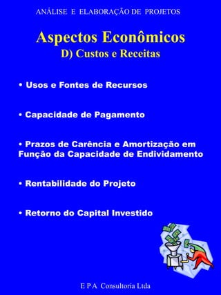 ANÁLISE E ELABORAÇÃO DE PROJETOS 
Aspectos Econômicos 
D) Custos e Receitas 
• Usos e Fontes de Recursos 
• Capacidade de Pagamento 
• Prazos de Carência e Amortização em 
Função da Capacidade de Endividamento 
• Rentabilidade do Projeto 
• Retorno do Capital Investido 
E P A Consultoria Ltda 
 