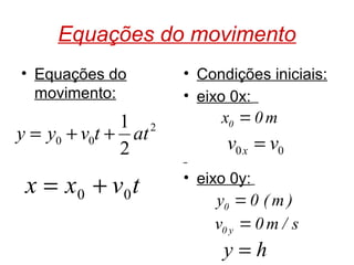 Equações do movimento
• Equações do
movimento:
• Condições iniciais:
• eixo 0x:
• eixo 0y:
2
00
2
1
attvyy ++=
tvxx 00 +=
0x 0 m=
0y 0 ( m )=
0 yv 0 m / s=
hy =
00 vv x =
 