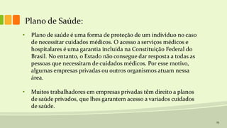 23
Plano de Saúde:
• Plano de saúde é uma forma de proteção de um indivíduo no caso
de necessitar cuidados médicos. O acesso a serviços médicos e
hospitalares é uma garantia incluída na Constituição Federal do
Brasil. No entanto, o Estado não consegue dar resposta a todas as
pessoas que necessitam de cuidados médicos. Por esse motivo,
algumas empresas privadas ou outros organismos atuam nessa
área.
• Muitos trabalhadores em empresas privadas têm direito a planos
de saúde privados, que lhes garantem acesso a variados cuidados
de saúde.
 