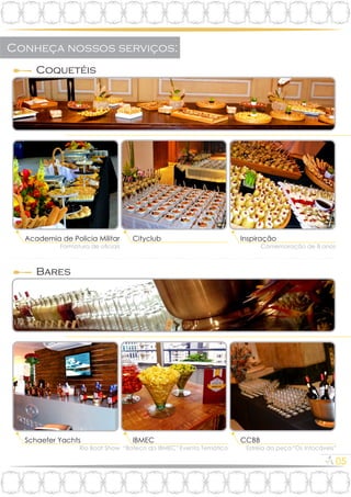 Coquetéis
Formatura de ociais
Academia de Policia Militar Cityclub
Comemoração de 8 anos
Inspiração
Bares
Rio Boat Show
Schaefer Yachts
‘Boteco do IBMEC’ Evento Temático‘ ‘
‘ ‘IBMEC
Estréia da peça ‘Os Intocáveis’
CCBB
05
 